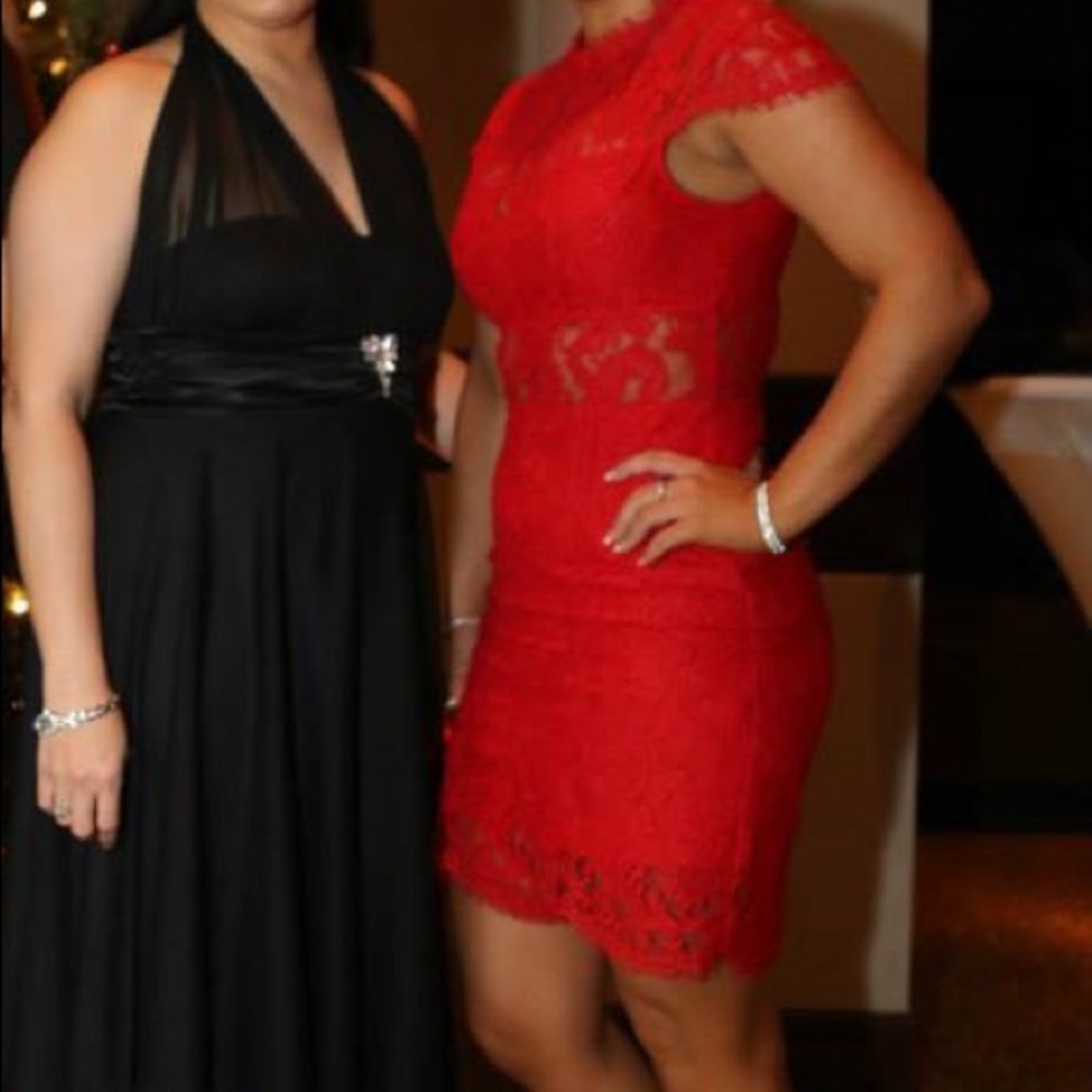 Red lace cut out cocktail dress